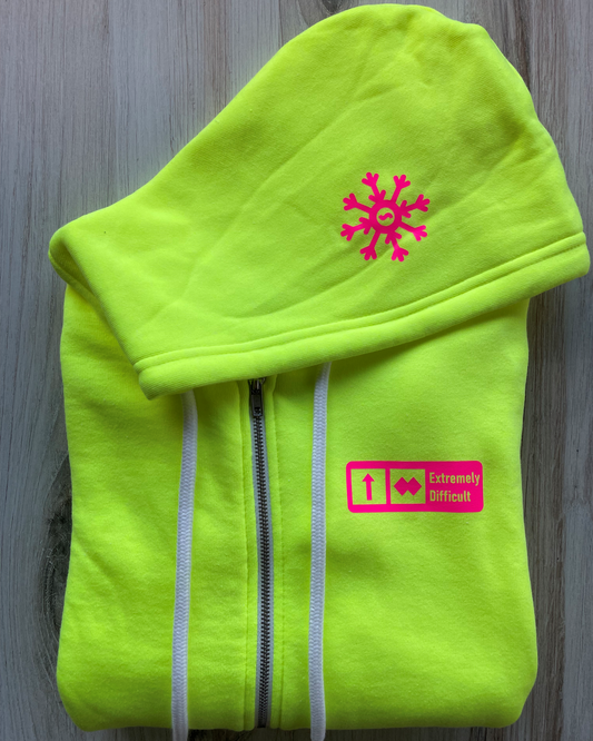 ADULT Spring Skiing "Extremely Difficult" Trail Sign -  Neon Zip Hoodie