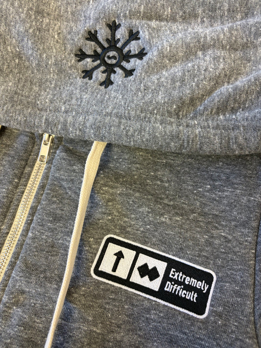 ADULT "Extremely Difficult" Embroidered Trail Sign Tri-blend Zip Hoodie